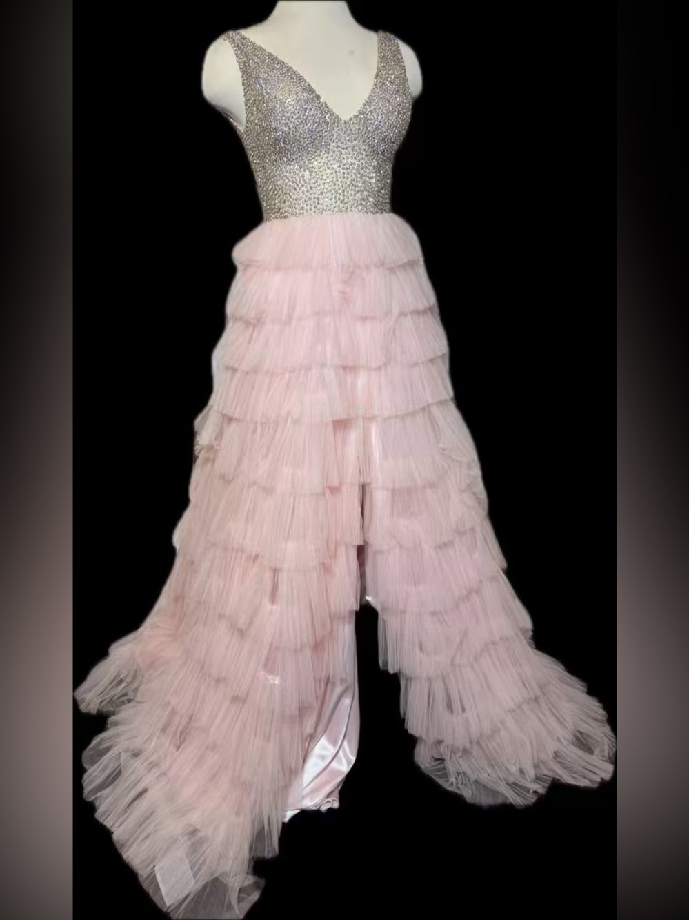 Jovani Pink Tiered Tulle High-Low Skirt with Glittering Waist